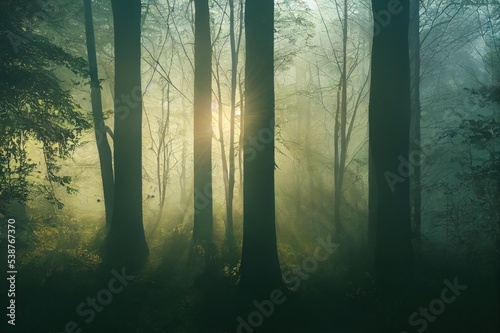 Misty morning in the woods. Rays of light in the forest. Mist fog and the trees nature background. © 2rogan