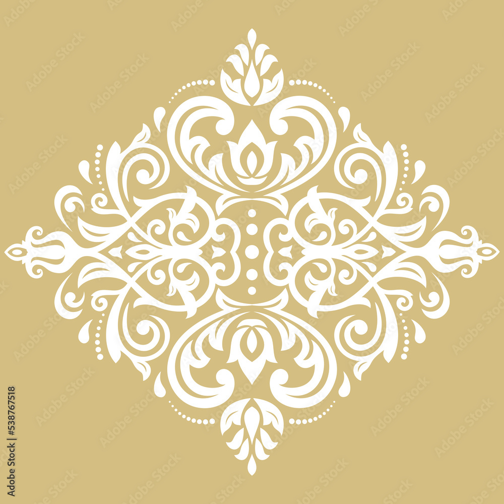 Oriental pattern with arabesques and floral elements. Traditional classic golden and white ornament. Vintage pattern with arabesques