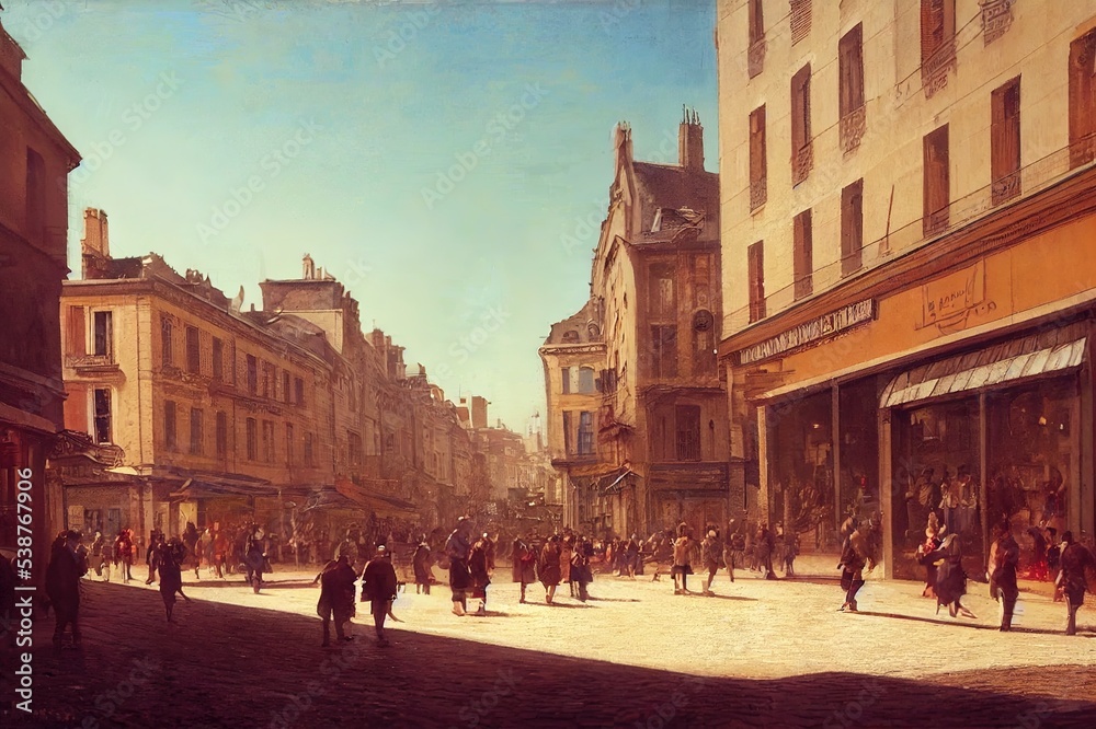 Urban life scene with anonymous crowd of people walking on a busy French street