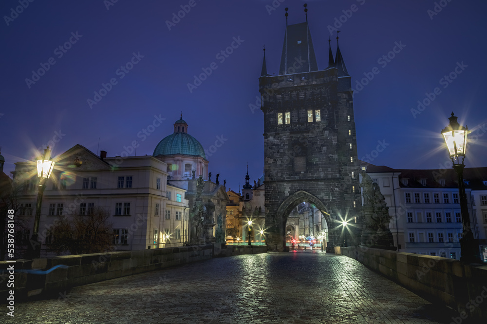 Charles bridge illuminated at night, Medieval Prague, Czech Republic
