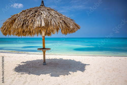 Aruba idyllic caribbean beach at sunny day with rustic palapa, Dutch Antilles photo