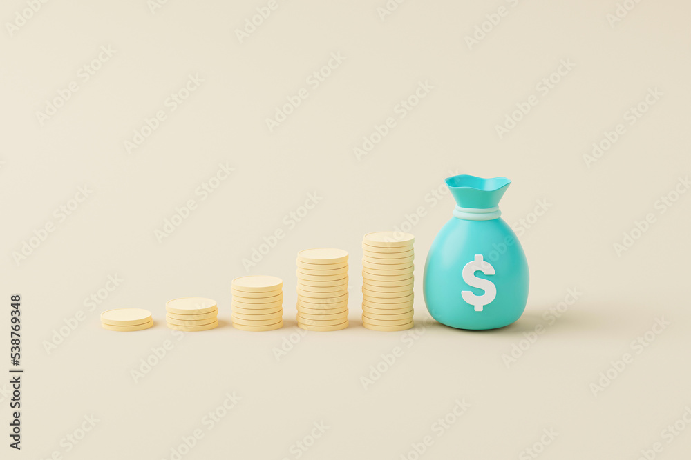 Money bag with icon dollar currency and gold coin stack on background. Save money and investment concept. 3d render illustration Money bag with icon dollar currency and gold coin stack on background. Save money and investment concept. 3d render illustration