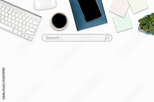 High angle view of a setting table with digital equipment and accessories of business workplace on modern background.