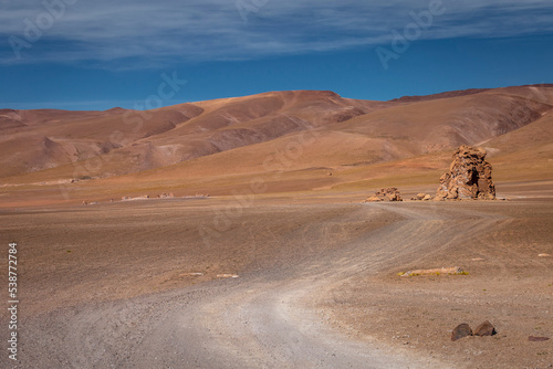 Dirt road in Atacama desert  volcanic arid landscape in Chile  South America
