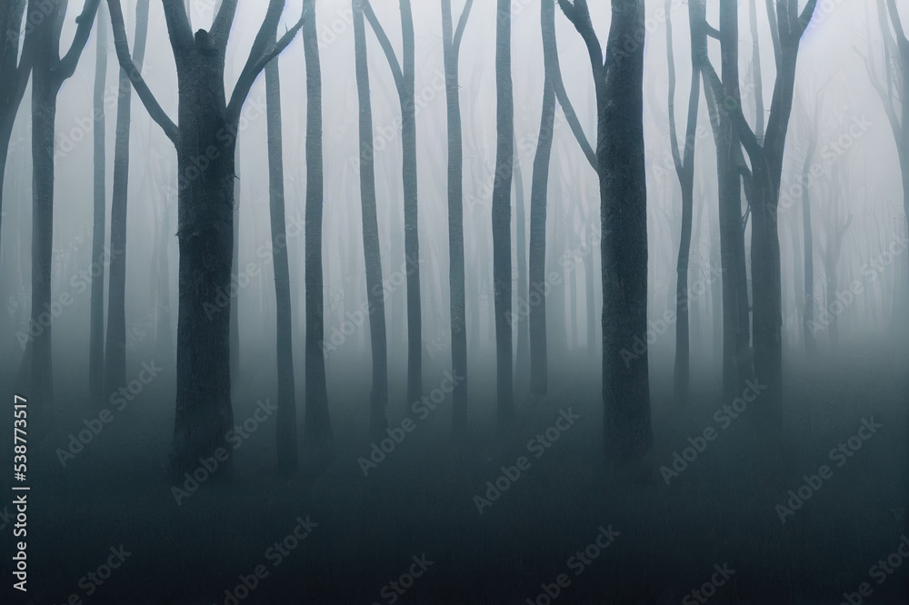 Obraz premium Panorama of foggy forest. Fairy tale spooky looking woods in a misty day. Cold foggy morning in horror forest