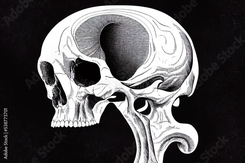 Human skull. Hand drawn engraving. Editable 2d illustration vintage illustration. Isolated on black background. 8 EPS