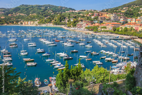 Above Lerici bay and marina with sailboats, Cinque Terre, Liguria, Italy © Aide