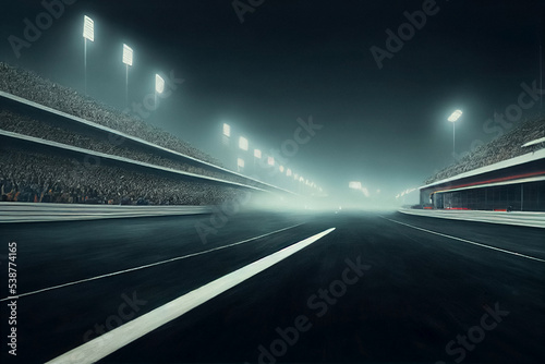 Race Track Arena with Spotlights. Empty Racing track with grandstands, shooting in the middle of the racing track and starting point. 3d render © Viks_jin