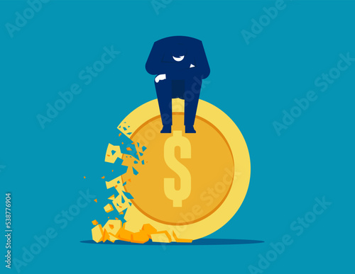 Desperate businessman sitting on gradually broken coin. Business crisis vector illustration