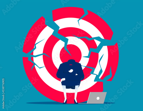 Businessman sitting near crashed target. Business loss investment vector illustration