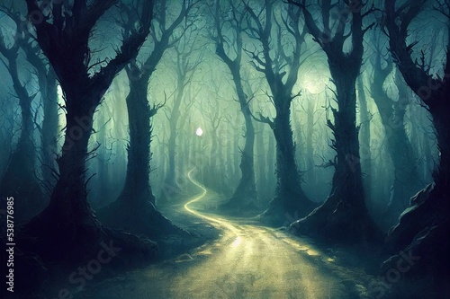 dark road through fantasy forest at night, scary halloween landscape