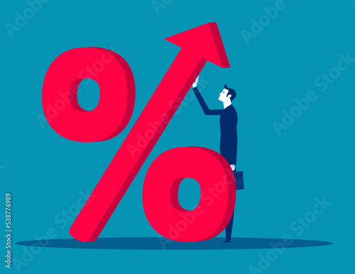 Businessman push percent arrow increasing interest rate in market. Business strategy vector illustration