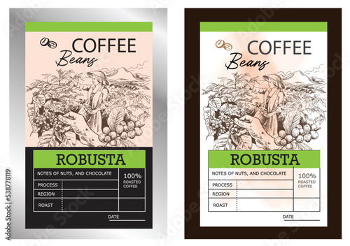 coffee label packaging of drawing and vector. coffee banner for promotion digital of coffee bean. poster coffee and sticker label. set of coffee packaging label sticker