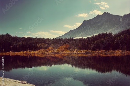 Lake woodshed on the shore of a mountain lake. Wood shed on mountain lake. Woodshed on lake in mountains. Mountain lake woodshed