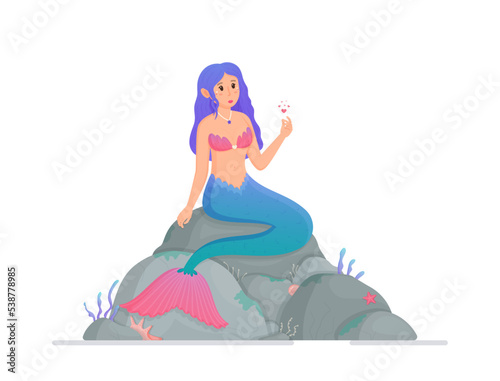 A beautiful mermaid sits on large rocks. Vector illustration of a cute cartoon character. Children s cartoon. Magic. 