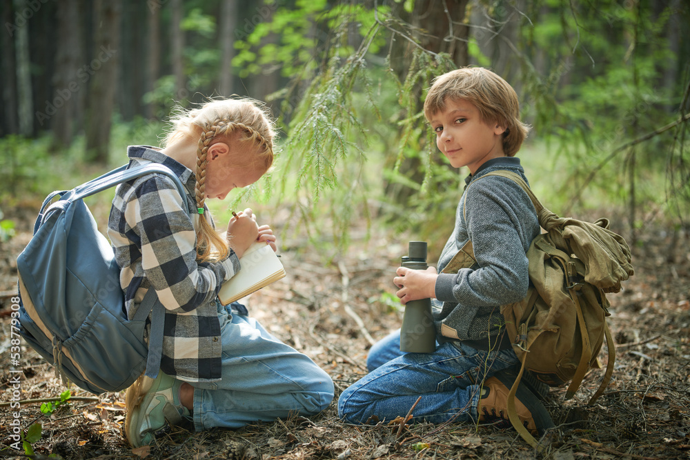 children exploring forest
