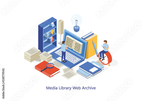 Dictionary, library of encyclopedia or web archive. Technology and literature, digital culture on media library. Clipart sticker icon for web banner. Flat isometric people images, vector illustration.