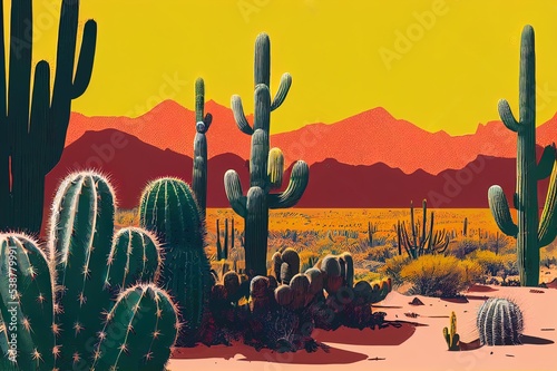 American desert landscape with Cactuses and bull skull. Arizona desert with yellow sun and cactuses silhouette. Vintage Westerrn symbol hand drawn color illustration isolated on white for design.