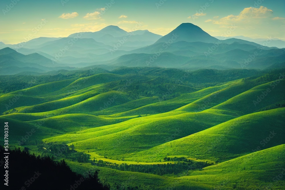 Panorama of the green mountain valley. Beautiful mountain green landscape. Mountain panoramic landscape. Mountain panorama