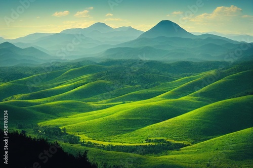 Panorama of the green mountain valley. Beautiful mountain green landscape. Mountain panoramic landscape. Mountain panorama