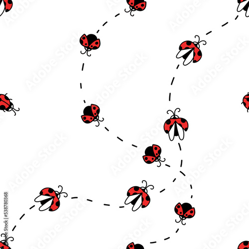 seamless endless pattern of ladybugs and paths.