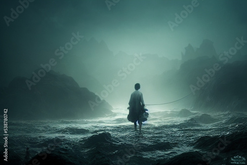 Boy fishing in the foggy river