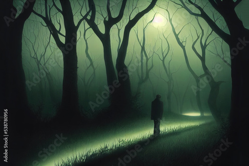 Surreal night forest landscape with alone strange man with flashlight. Horror scene. photo