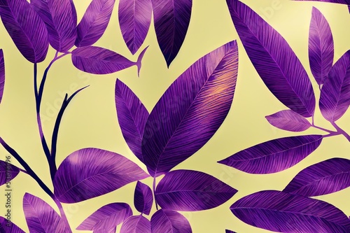 Dark tropical leaves in golden, silver, purple colors. Seamless pattern, luxury wallpaper. Premium 3d illustration, vintage watercolor design. Dark background, metallic texture. Abstract digital paper