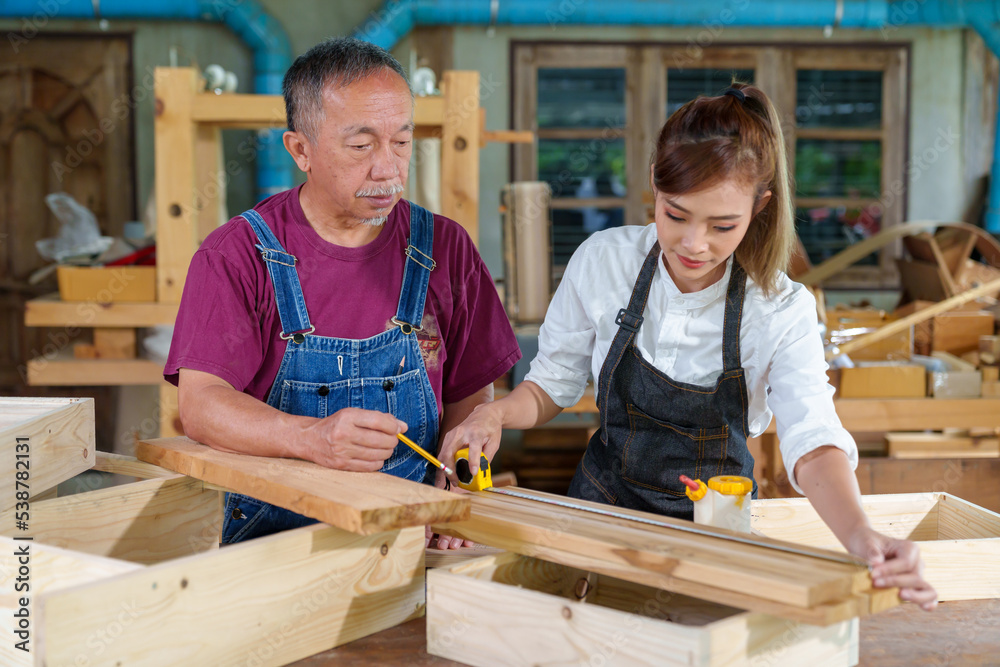 A tutor with a Female carpenter student in a workshop studying for an apprenticeship at a college using a tape measure. A tutor with a Female carpenter student in a workshop studying for an apprenticeship at a college using a tape measure.