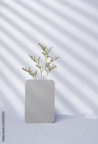 blank grey poster paper card with flower and window sunlight on pastel violet background