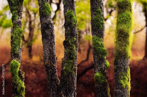 Green moss grows on an old tree. Natural background with the texture of the bark of a wooden trunk. Screensaver about ecology and tourism. photo