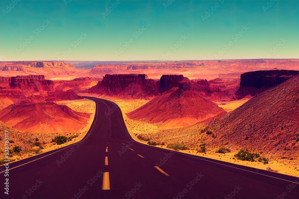 Panorama of the road through the canyon desert. Canyon desert road panorama. Canyon road panoramic landscape. Canyon desert panorama