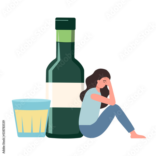 Drunk woman sitting with big alcohol bottle in flat design. Alcoholic character. Alcohol addiction.