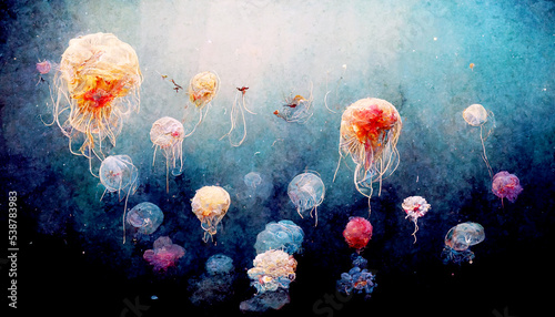 Fantastic jellyfish swimming in the deep sea, Digital art of dancing jellyfish