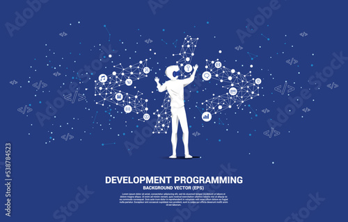 Silhouette man wear VR glasses software development programming tag with polygon dot connect line. Concept of digital virtual reality technology and AR .