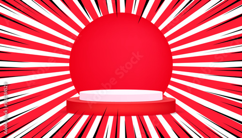 Empty podium studio on red comic background. for product display with copy space. Showroom shoot render. Banner background for advertise product.