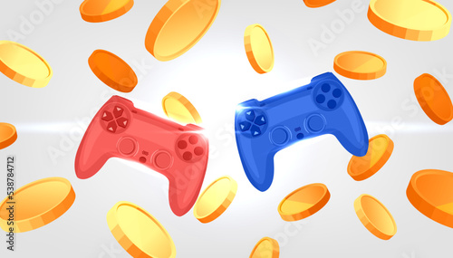 NFT Games. Game controller with Tokens crypto currency on white background.