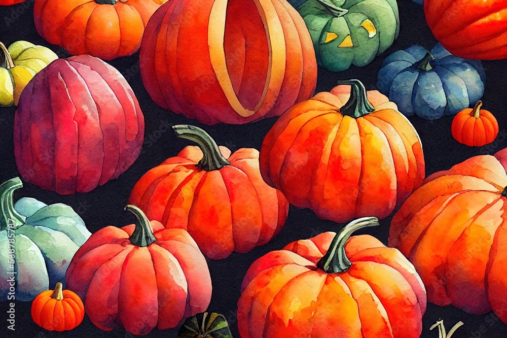 Watercolor composition of pumpkins. Halloween. Autumn illustration. Halloween Greeting Card.