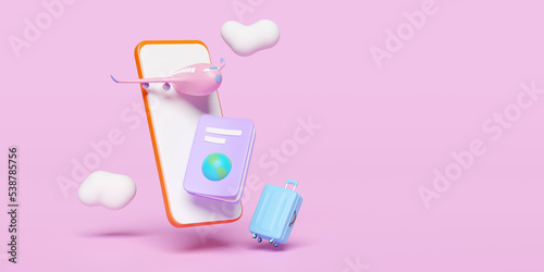 3d passport or international travel for tourism with mobile phone, smartphone, airplane, suitcase, cloud isolated on pink background. 3d render illustration, clipping path