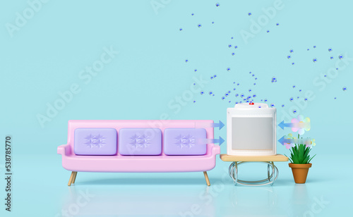 Obraz na plátne 3d air purifier, dehumidifier, misting fans with electron anion, ozone, arrow air flows shows,  bench or sofa in room isolated on blue background