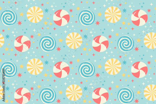 Swirl sweet candies and stars seamless pattern in pastel colors.