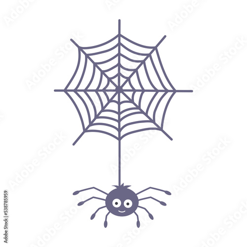 Сute spider hanging on spider web. Halloween character with big eyes and smile.