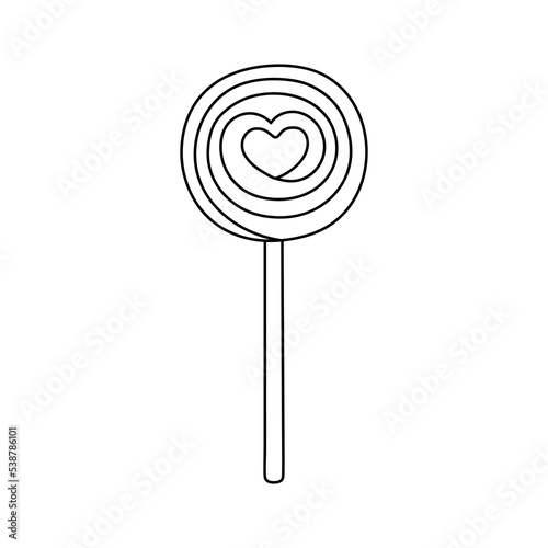 Heart spiral lollipop in doodle style. Black and white vector illustration for coloring book.
