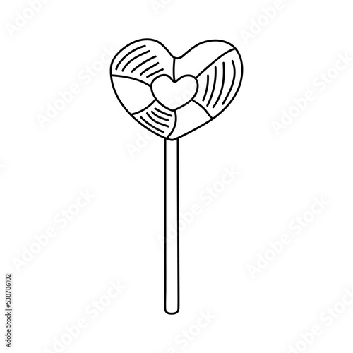 Heart shaped lollipop in doodle style. Black and white vector illustration for coloring book. © Julia G art