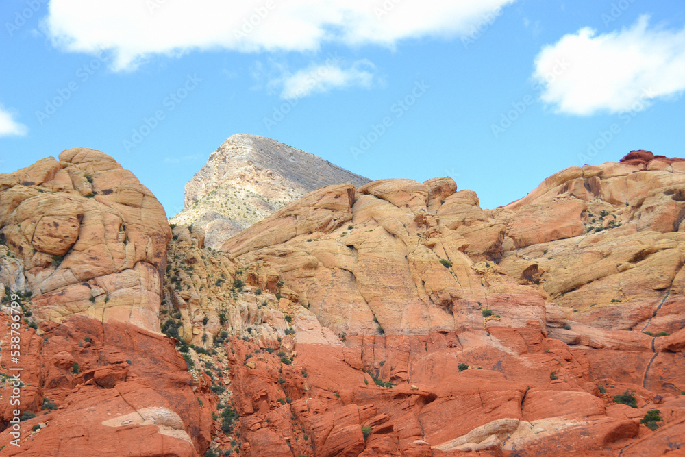 Red coloured rock formations under a blue sky, Red Rock Canyon, Las Vegas