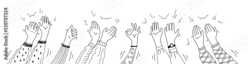 Applause hands set on doodle style. Human hands sketch, scribble arms wave clapping on white background, thumb up gesture silhouette, vector illustration
