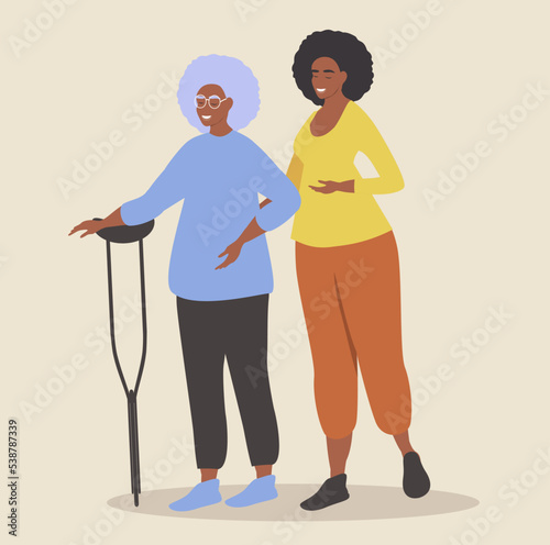 vector illustration in flat style. young black woman supporting older black woman