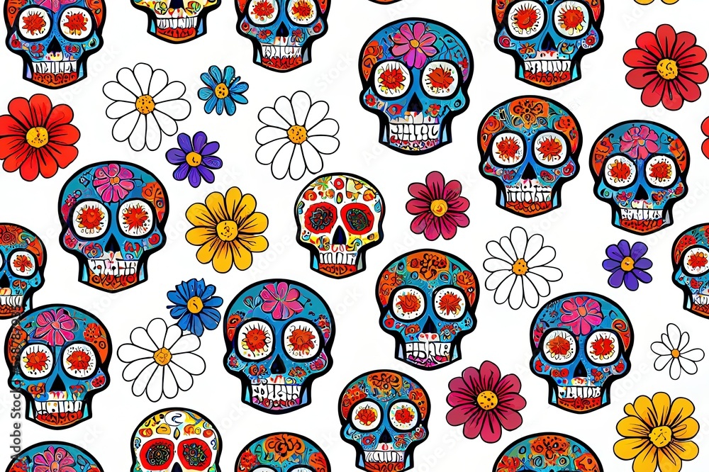 Day of The Dead colorful sugar skull with floral ornament and flower seamless pattern