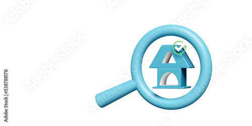 3d blue house with magnifying glass, check marks, tick marks symbols, pin isolated. online shopping, search data concept, 3d render illustration