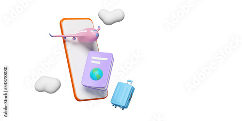 3d passport or international travel for tourism with mobile phone, smartphone, airplane, suitcase, cloud isolated. 3d render illustration